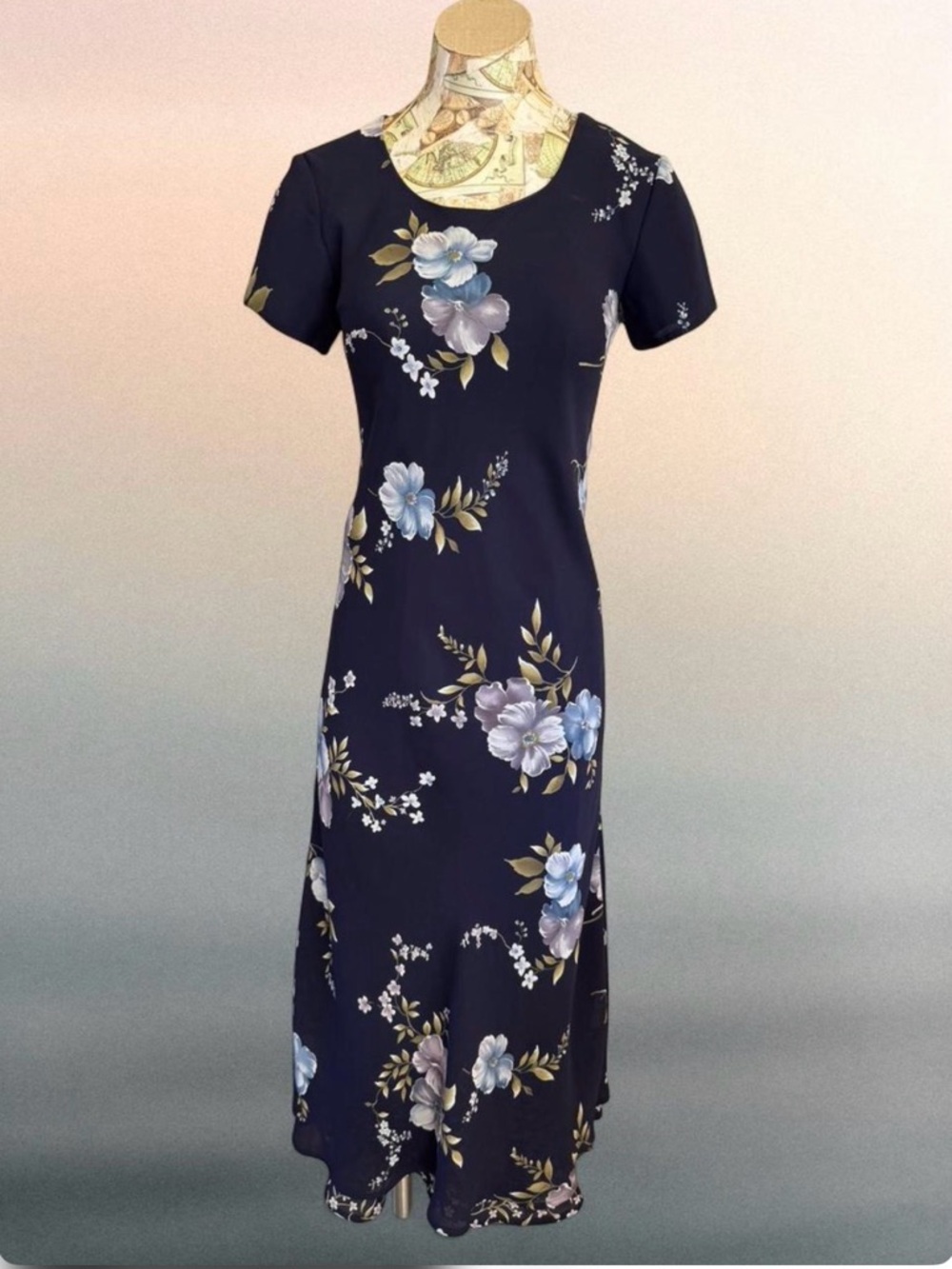 Jessica Howard Vintage 90s Navy Blue Purple Tropical Floral Print Dress Small